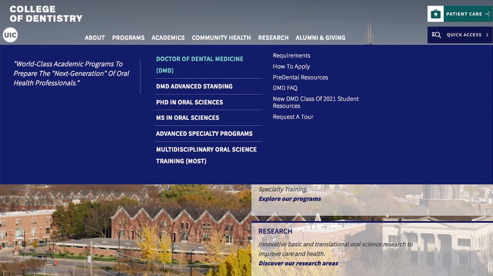 Screenshot of the Drupal megamenu system for the College of Dentistry at UIC.